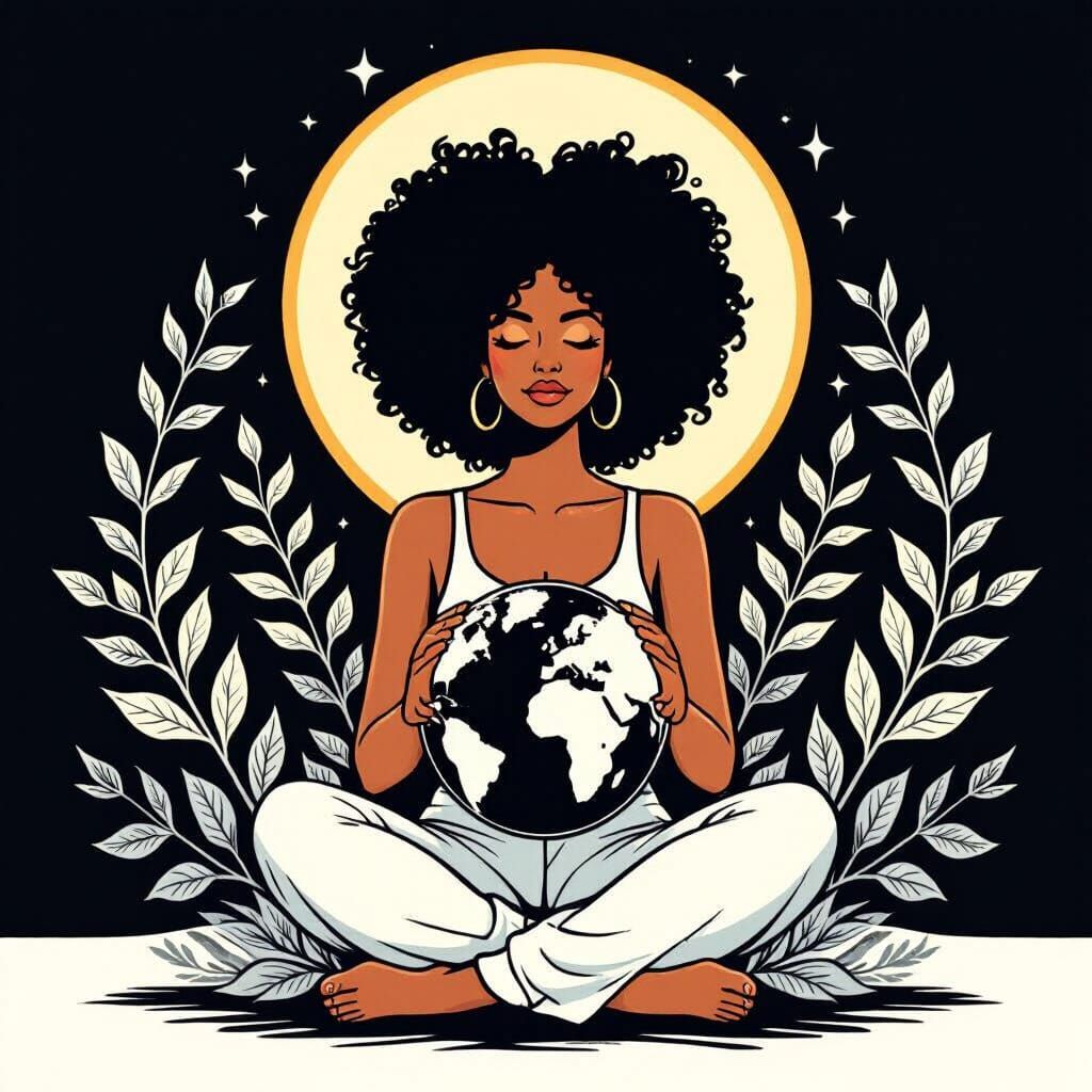 Line Art: Woman Embracing Earth with Foliage