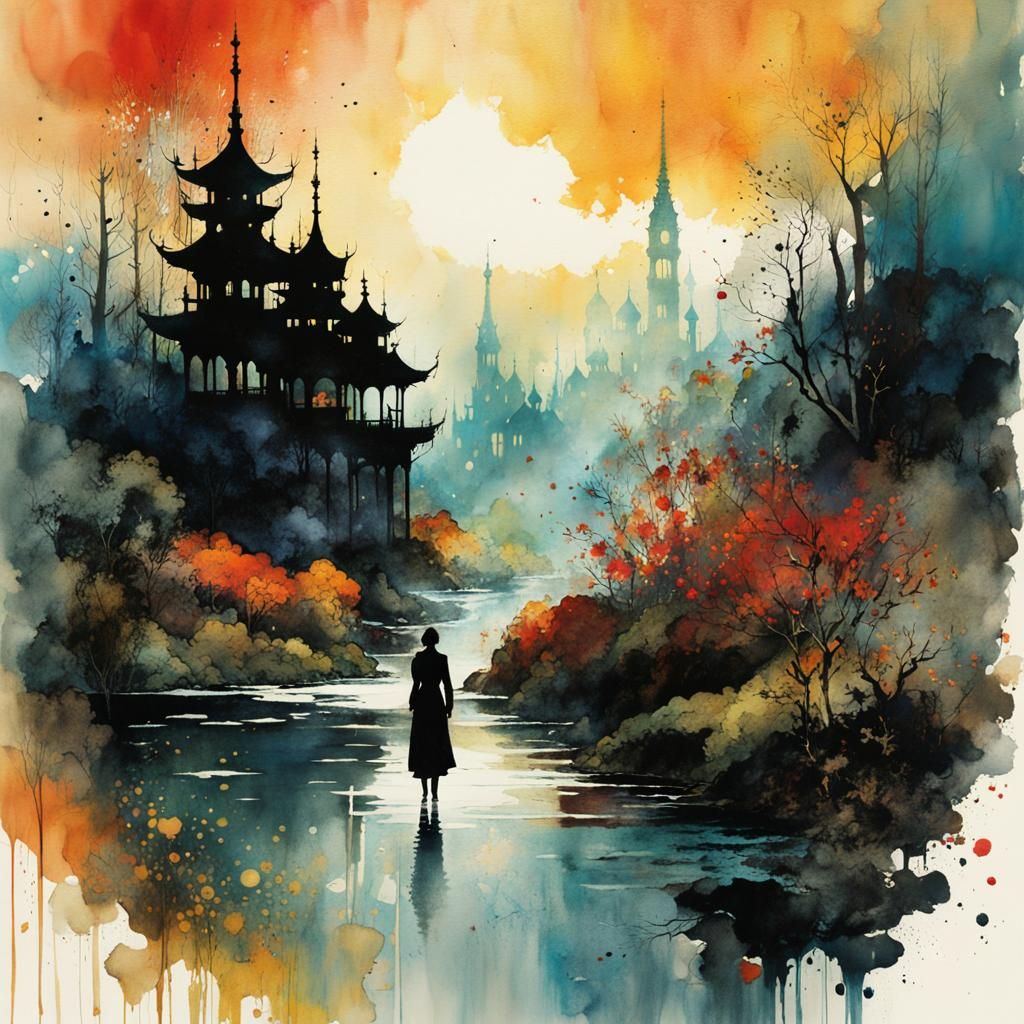 Stylized Watercolor Landscape in Deep Color