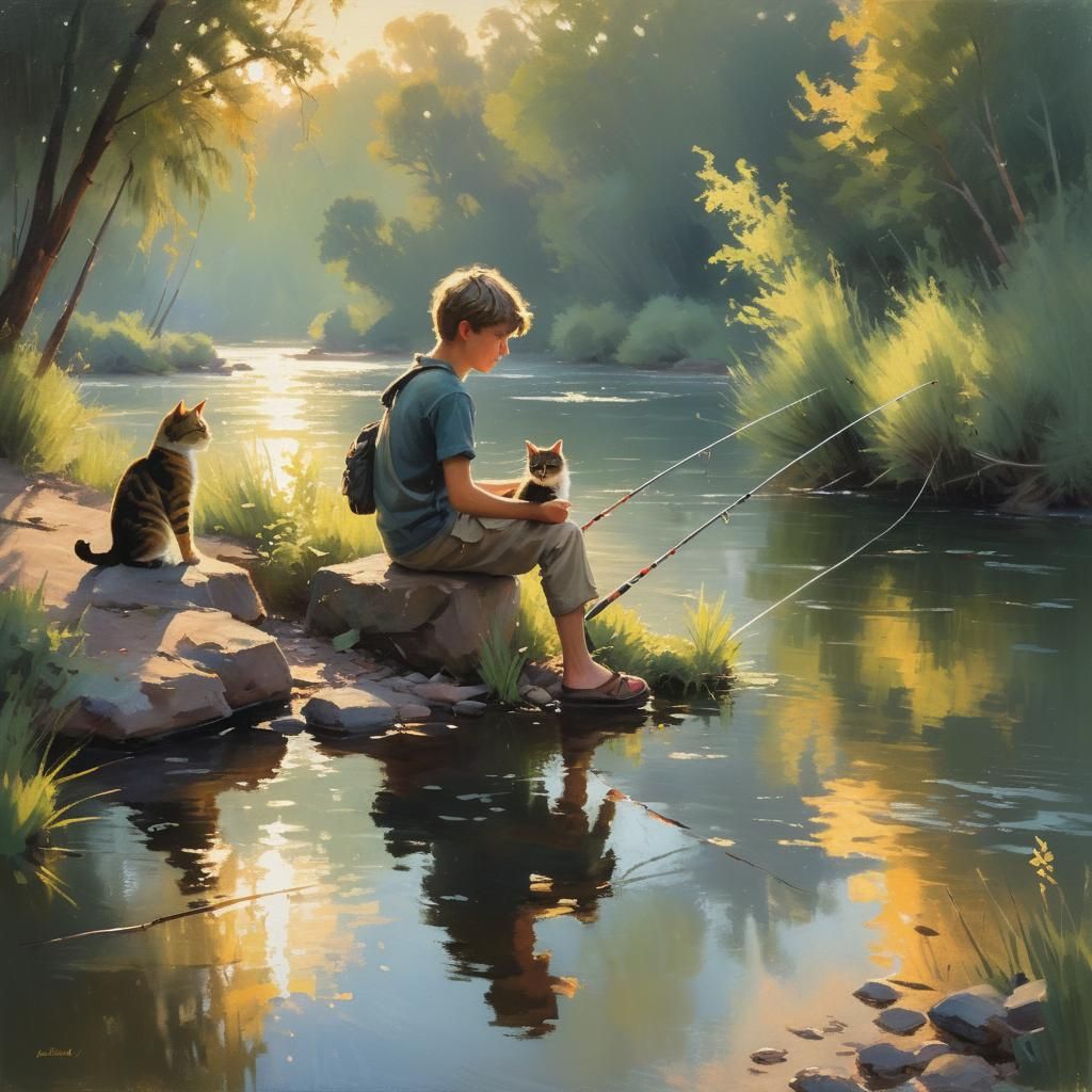 Boy and Cat Fishing in Impressionist Oil Painting