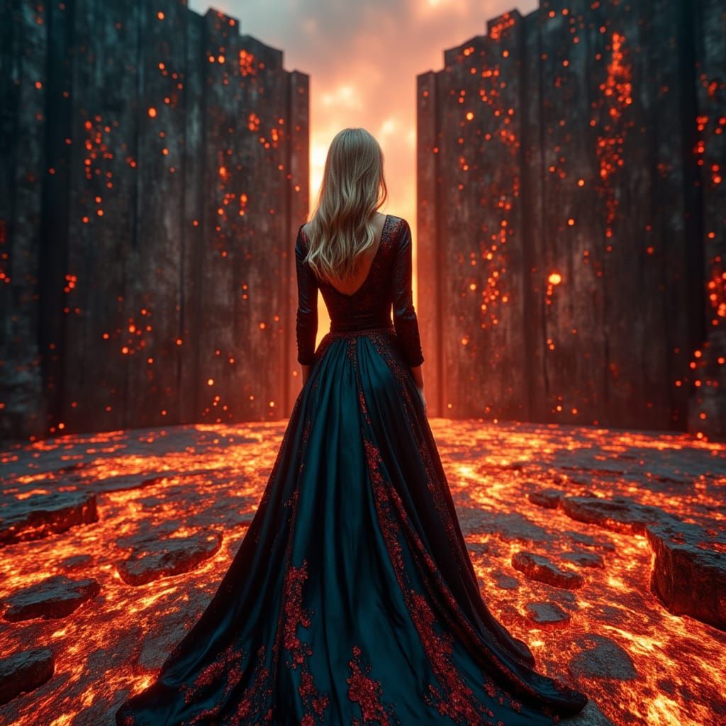 Blonde Woman in Black Silk at Volcano Fortress Entrance