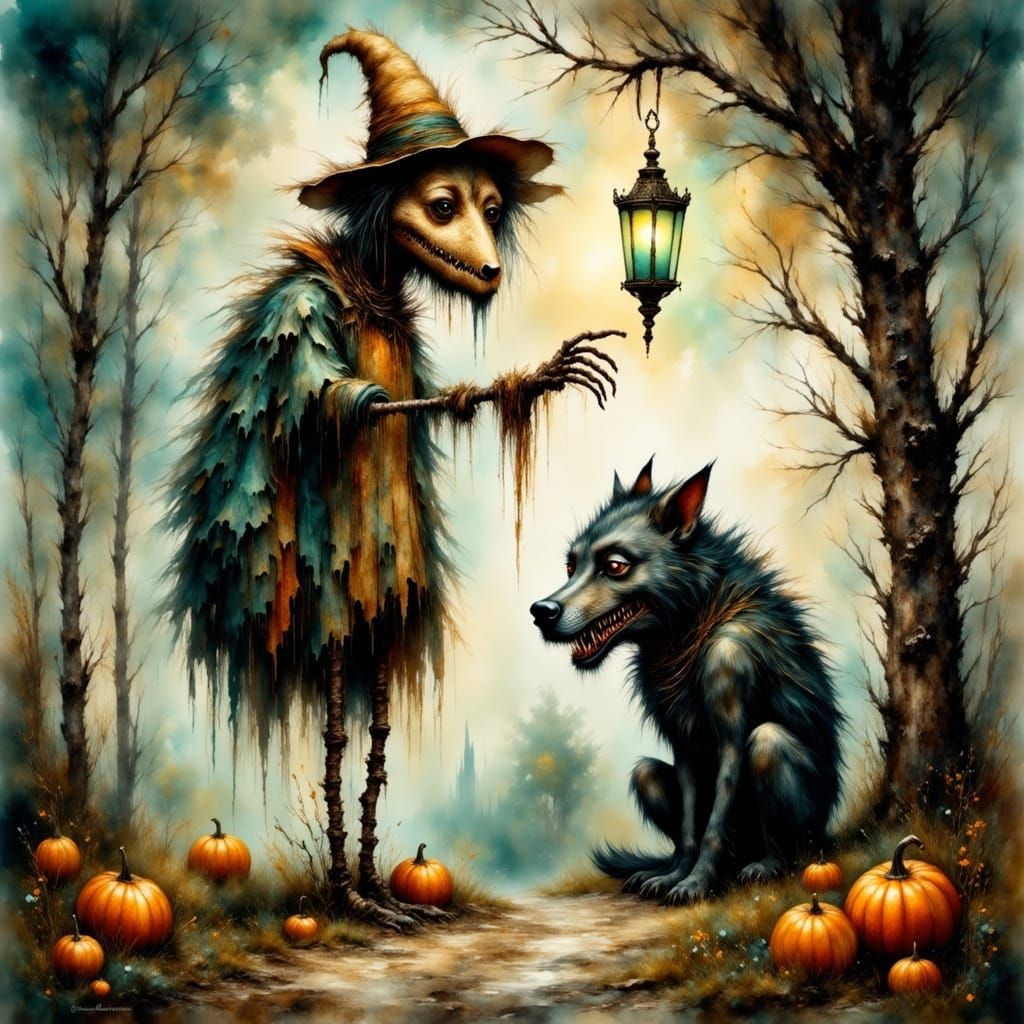 Scarecrow and Wolf in Whimsical Burton Style