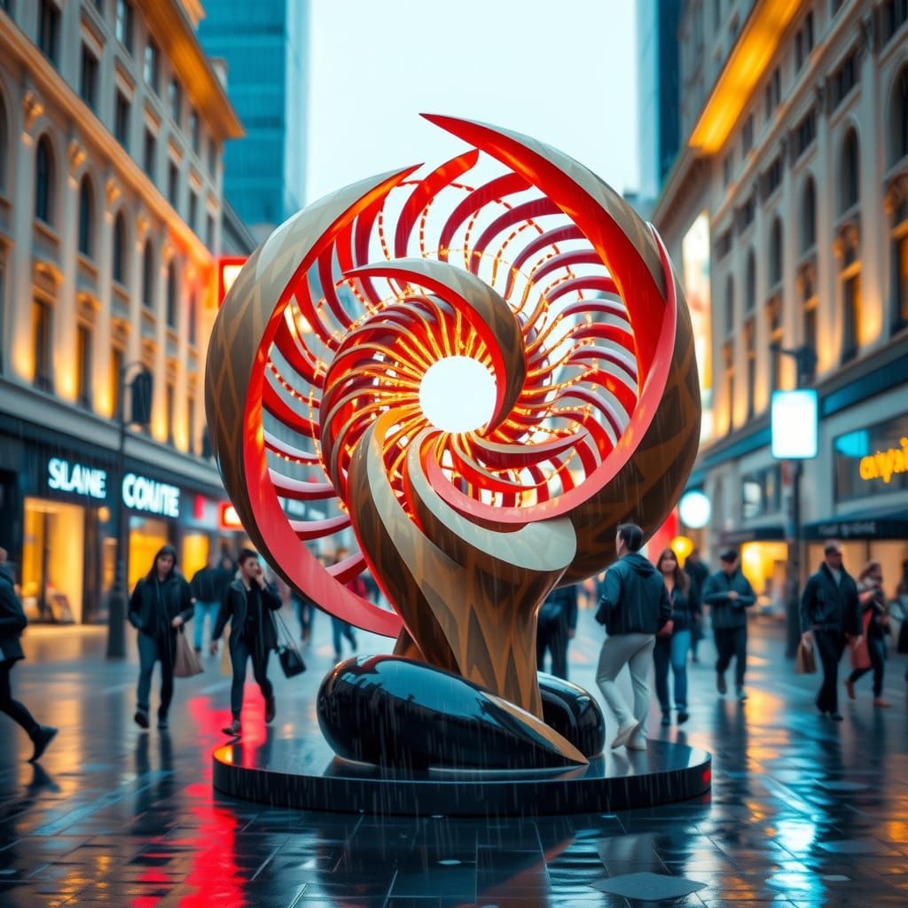 Art Nouveau Energy Vortex Sculpture in a Rainy City Square