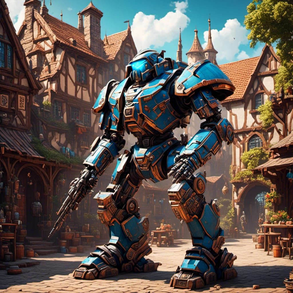 Giant Mecha Bounty Hunter in Medieval Village