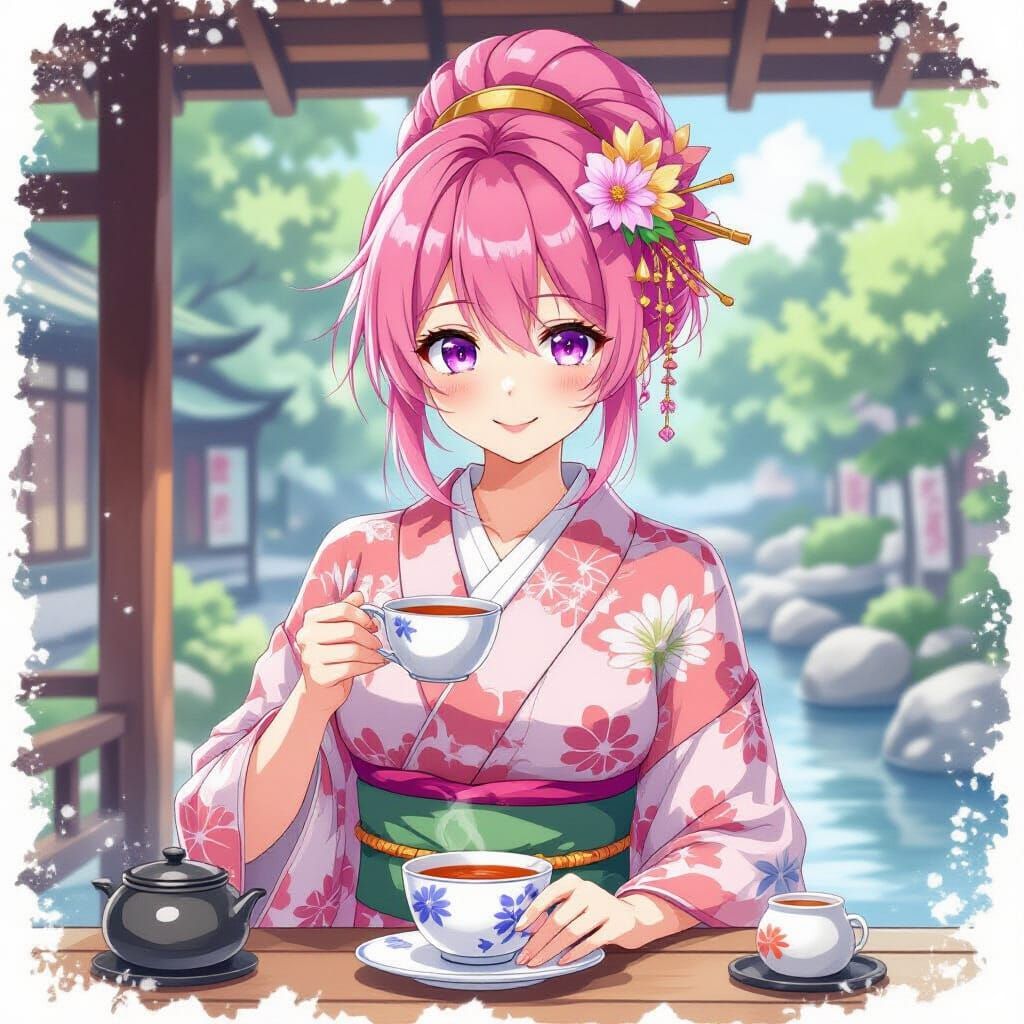 Pink-Haired Geisha Serving Tea in Watercolor Style