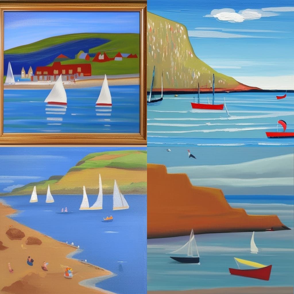 Coastal Scene in Naive Art Style