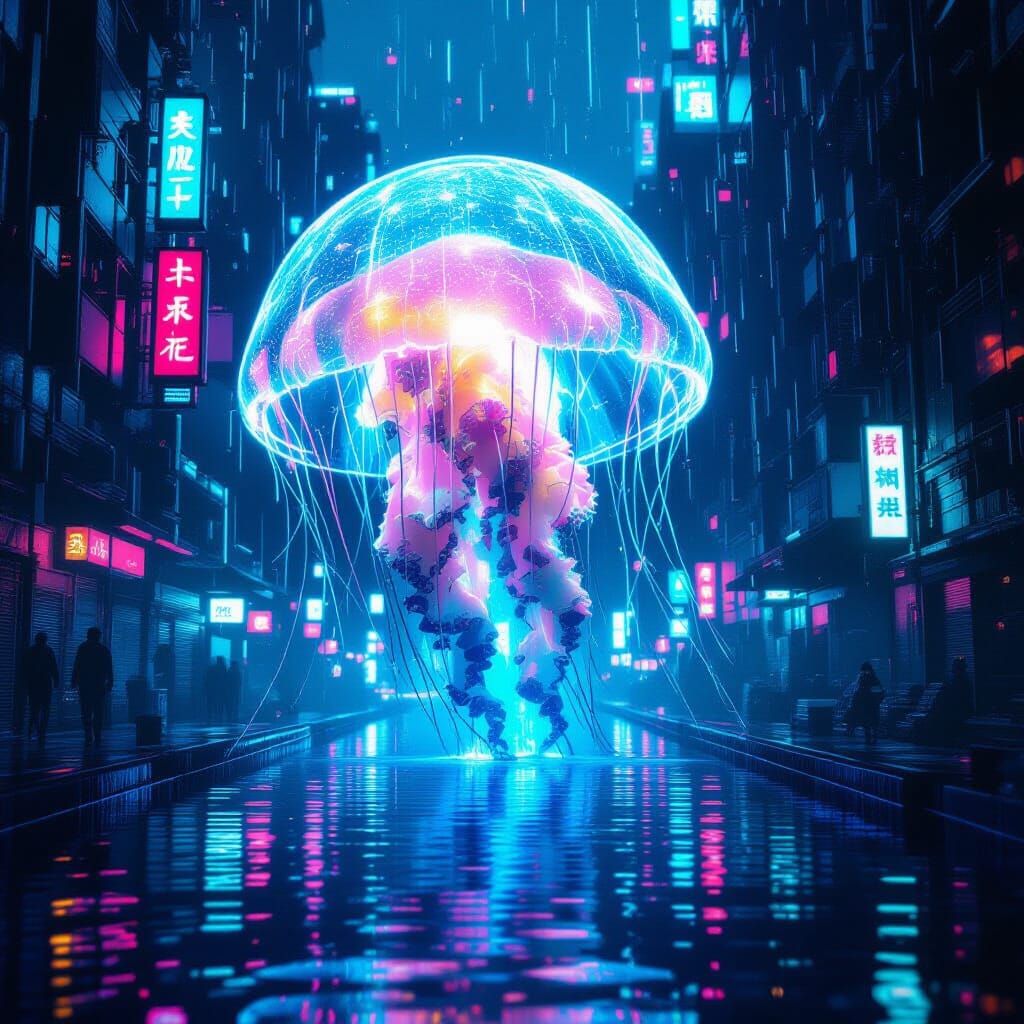 Giant Glitching Jellyfish in Neon Cyberpunk City