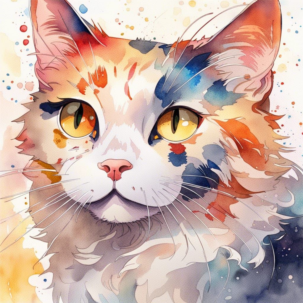 Anime Style Watercolor Calico Cat Portrait