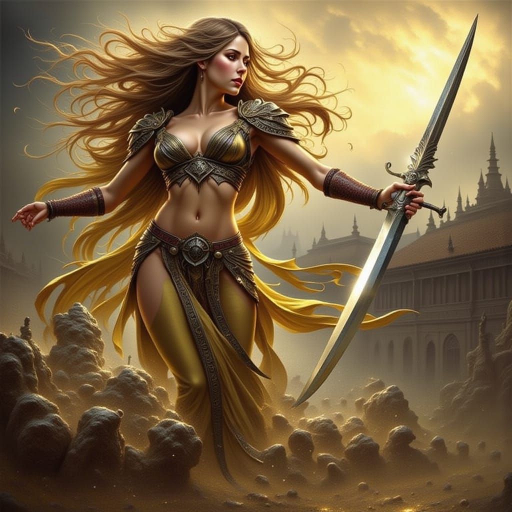 Warrior Woman with Golden Hair and Dancing Sword