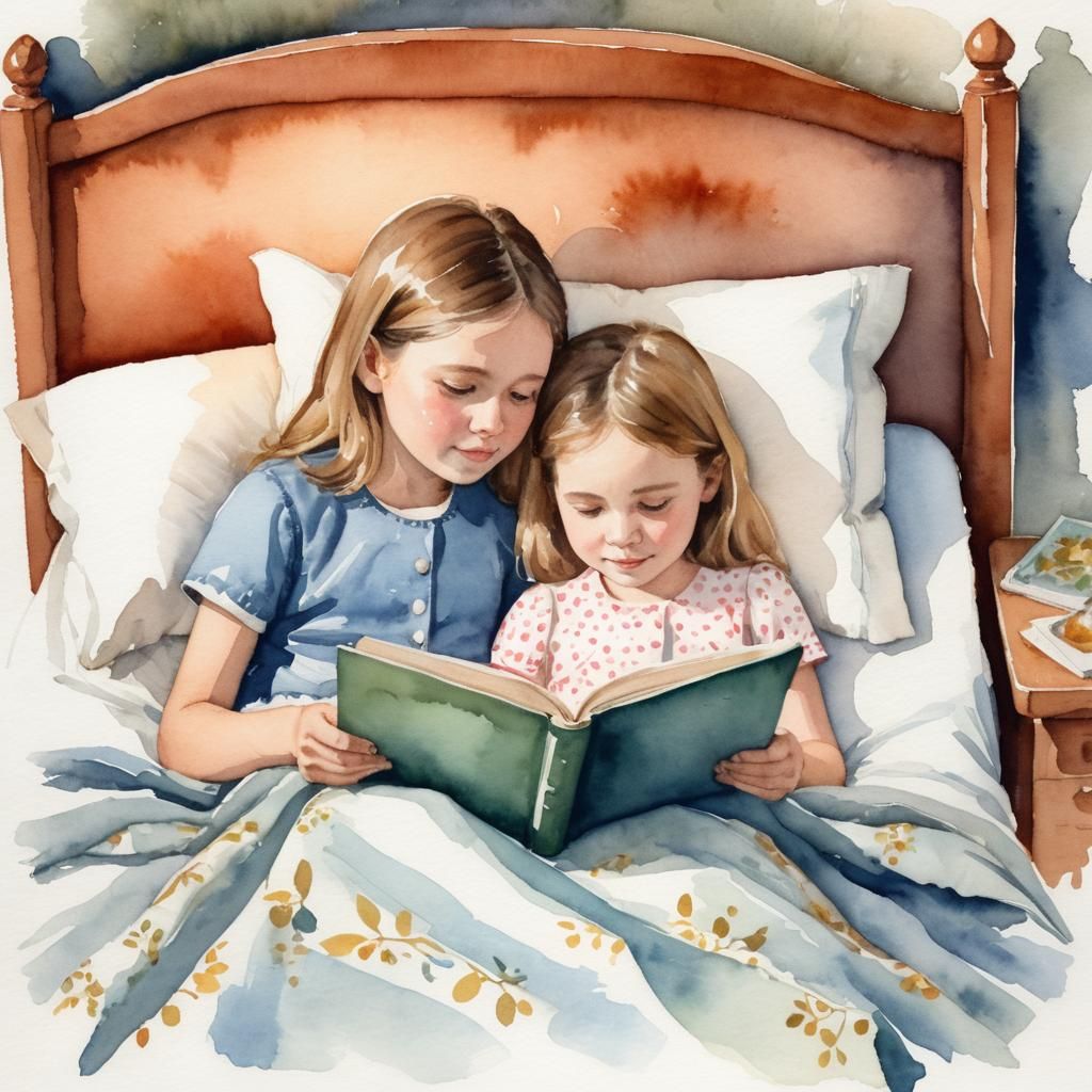 Watercolor of Sisters Reading Together at Night