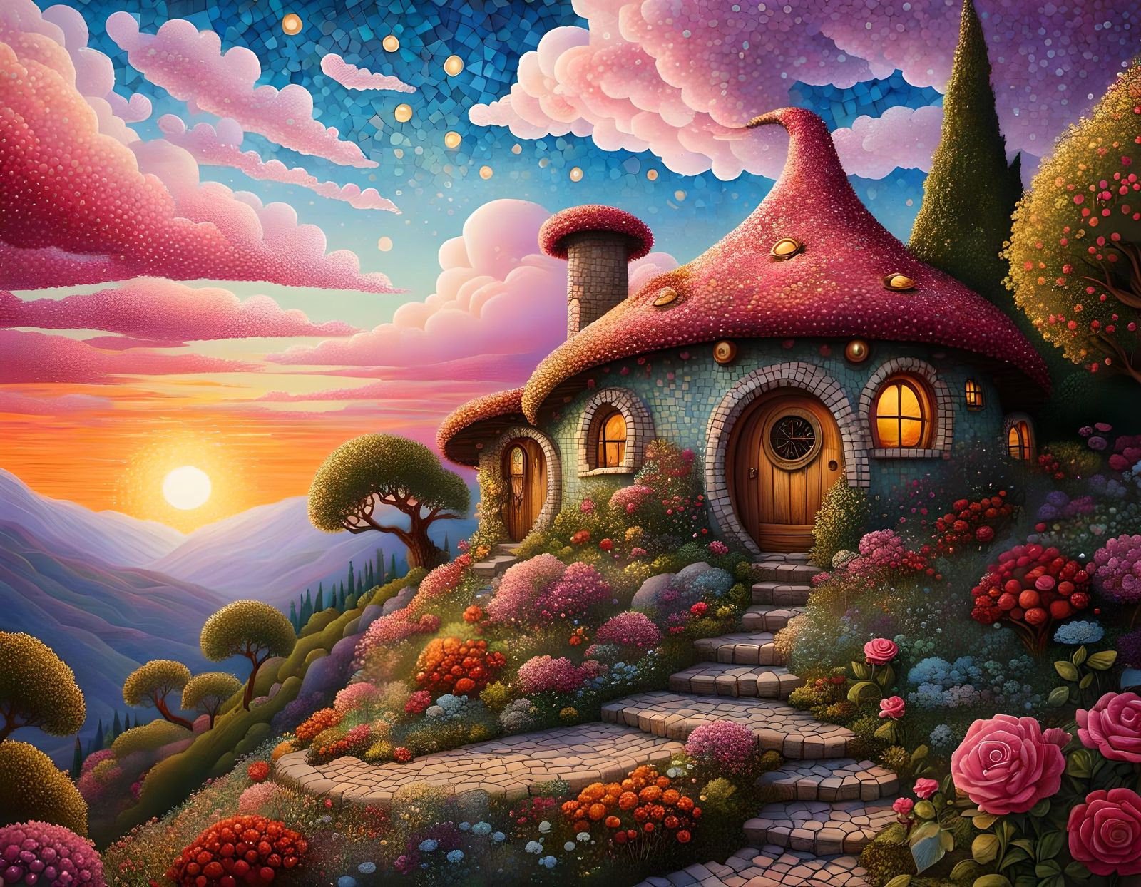 Enchanting Hobbit House at Rosy Dawn, Mosaic Style