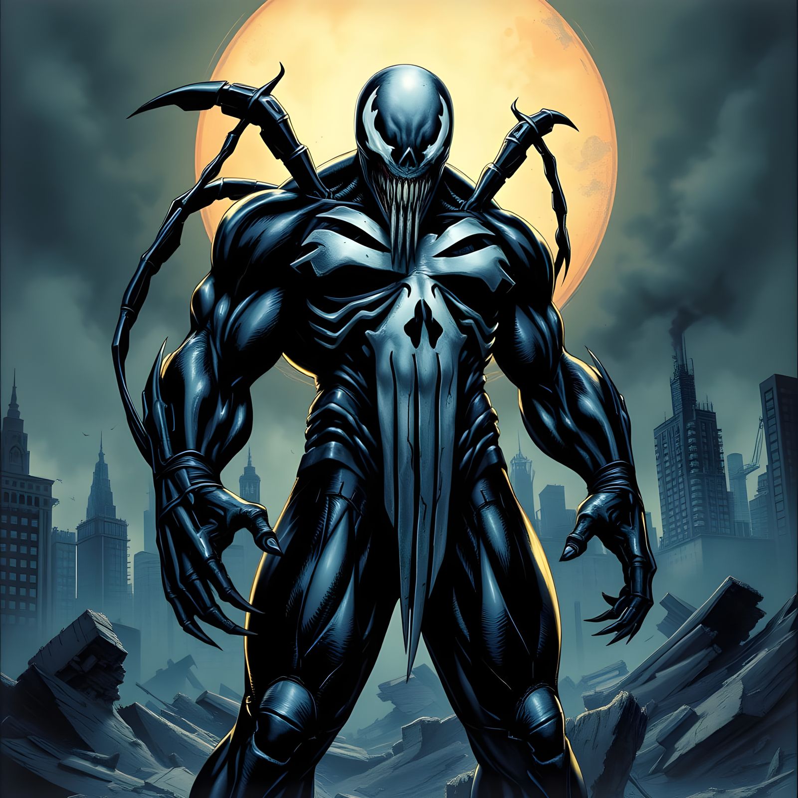 Dark, Gritty Punisher-Venom Fusion Stands Tall in Ruins