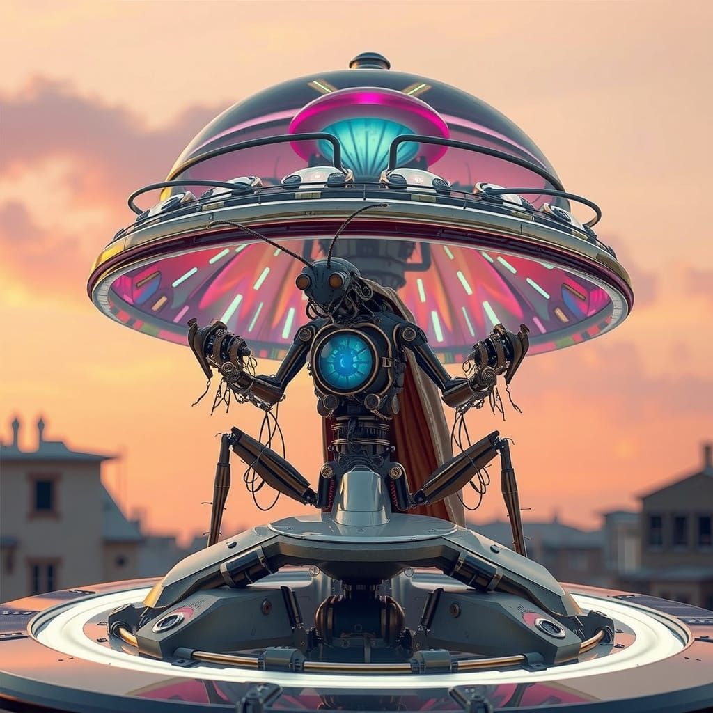 Steampunk Praying Mantis Pilot in Twilight Sky