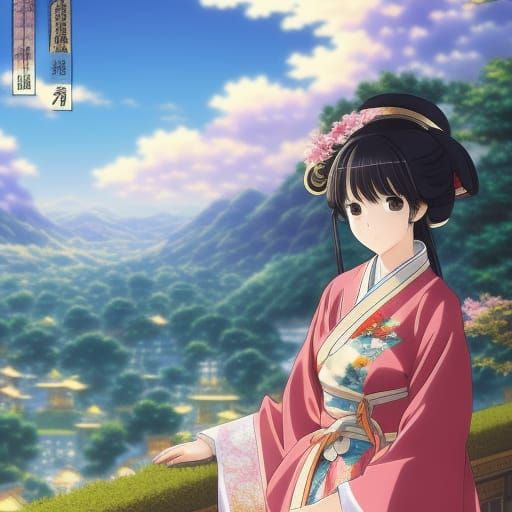 Anime Woman in Kimono, Hand-Drawn Style