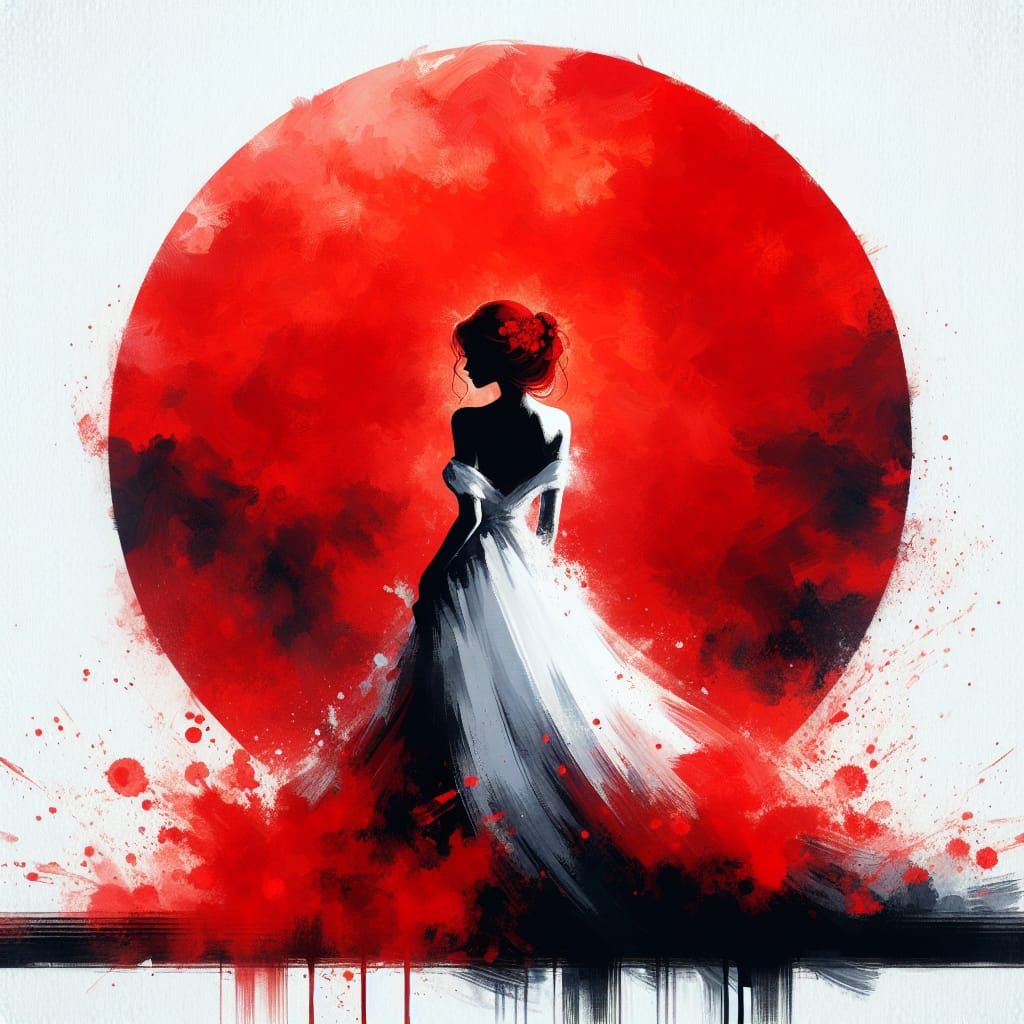 Woman in Red Sunset, Sumi-e Oil Painting