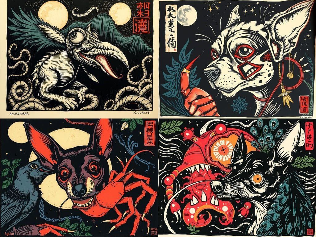 Mystical Mutant Pinscher with Peacock Beak in Graphic Lino C...