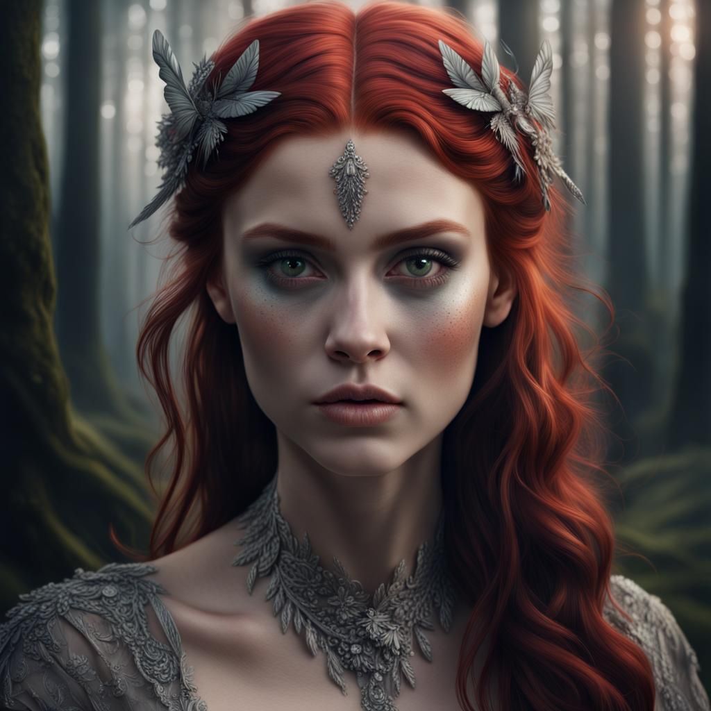 Hyperrealistic Fae Woman Portrait: Red Hair, Silver Eyes