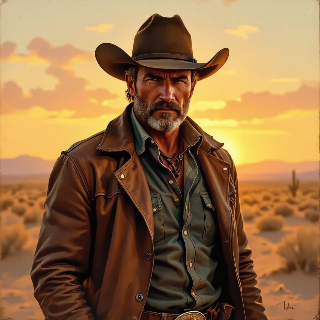 Rugged Cowboy in Desert Sunset - Classic Western Oil Paintin...