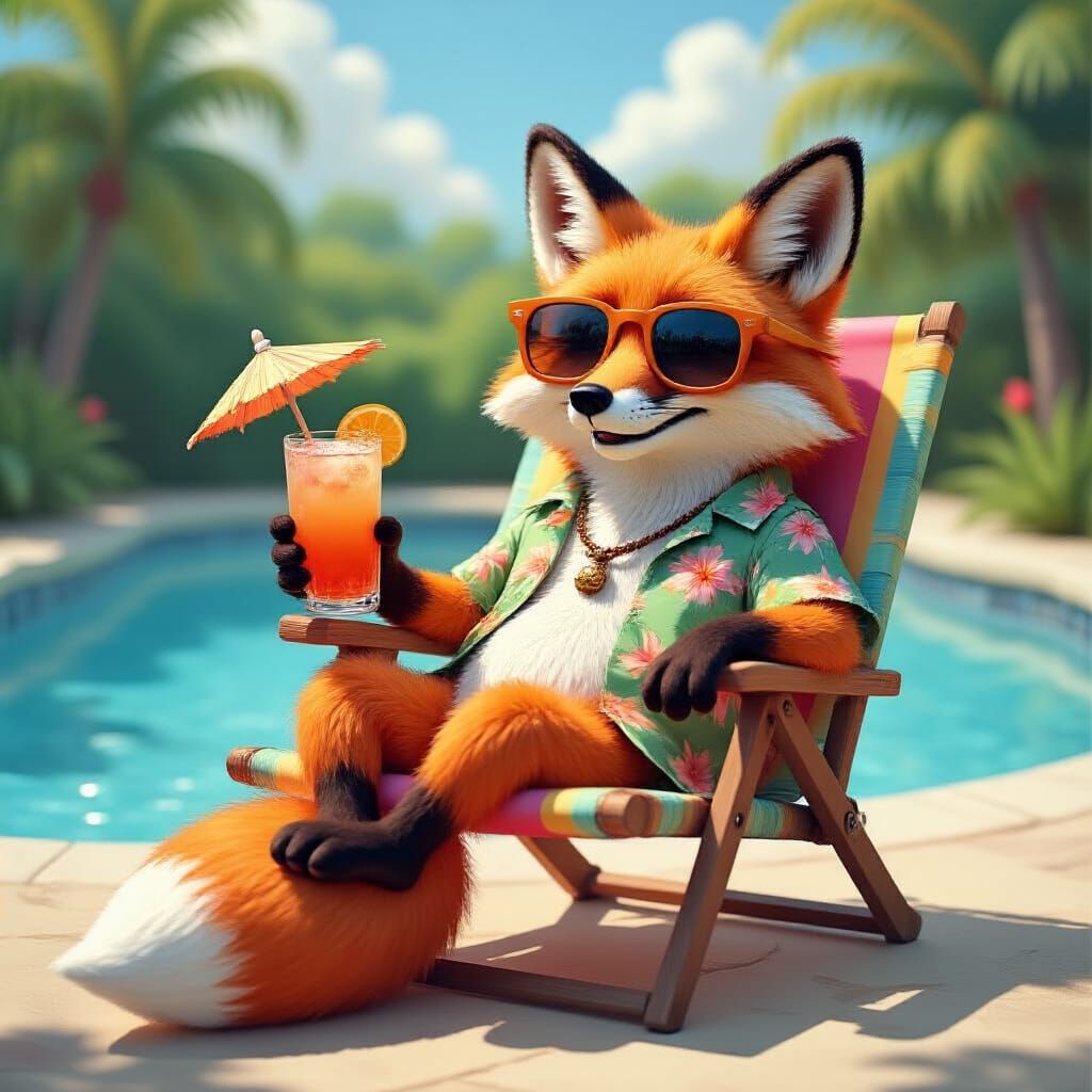 Fox Lounging by Pool in Cartoon Style