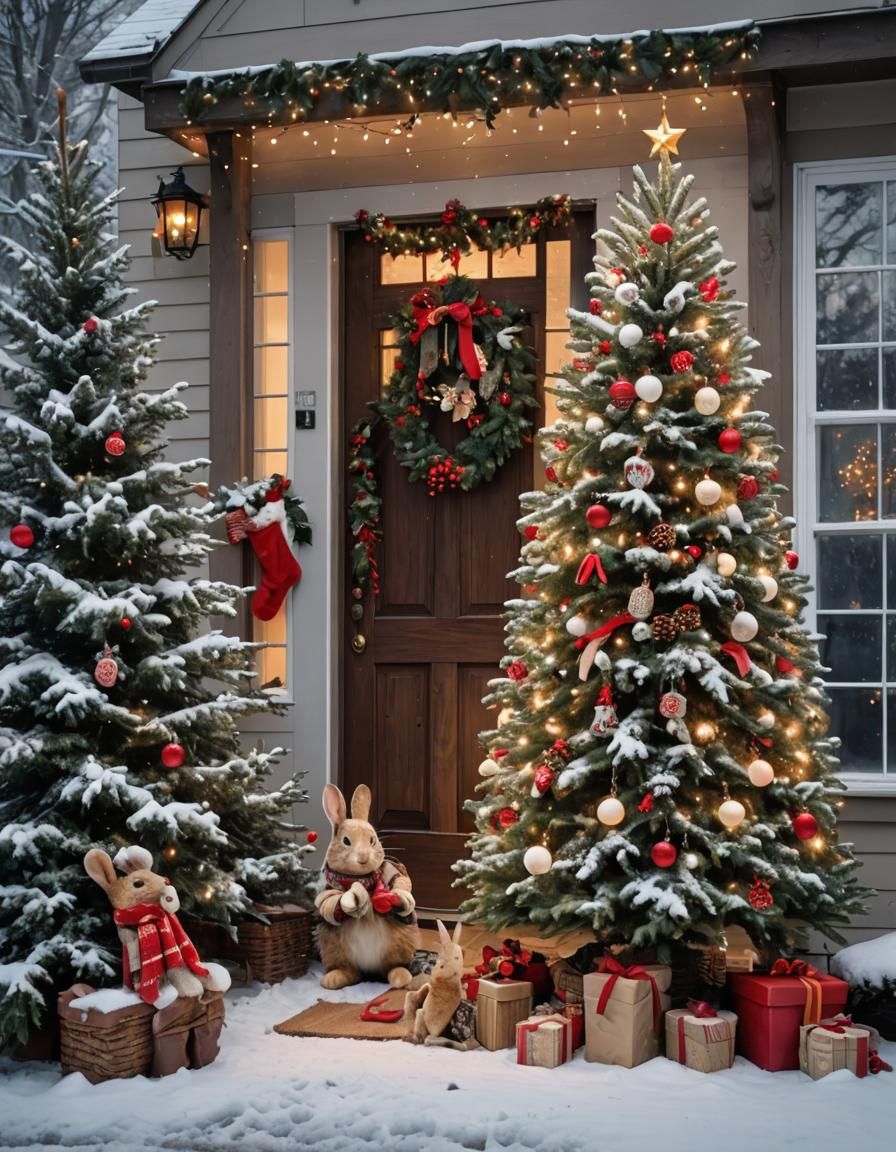 Festive Christmas Porch Scene with Winter Animals