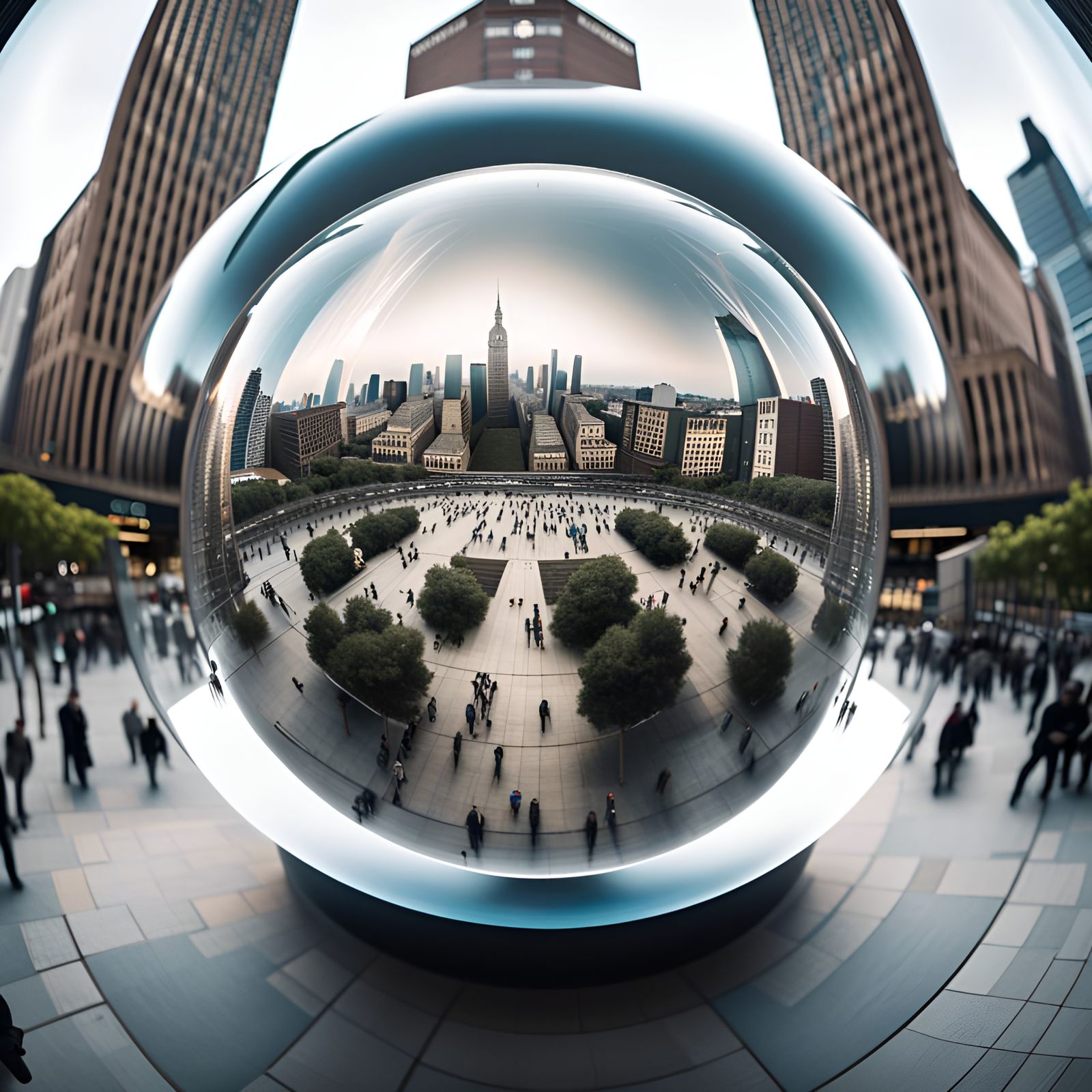 a large glass sphere in the center of a busy city