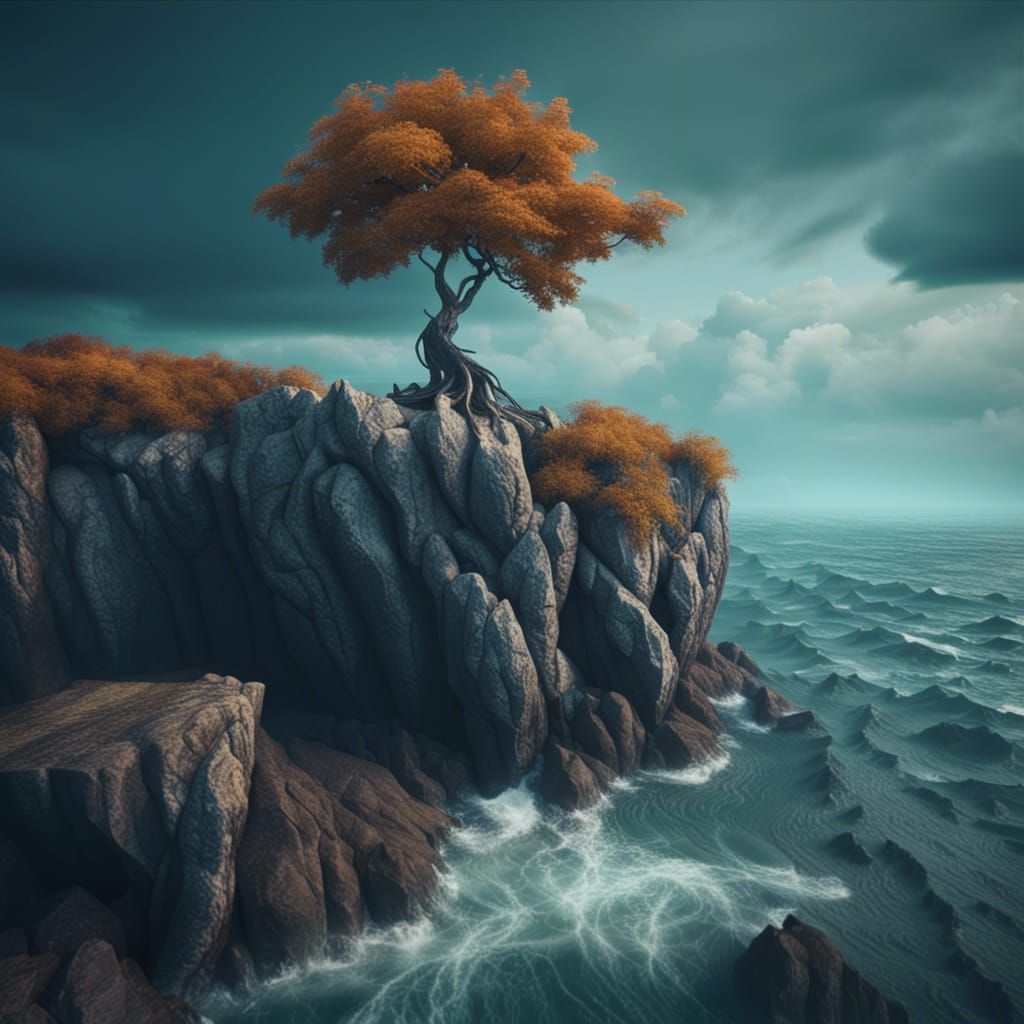 Stormy Seascape with Lonely Tree on Rocky Cliff