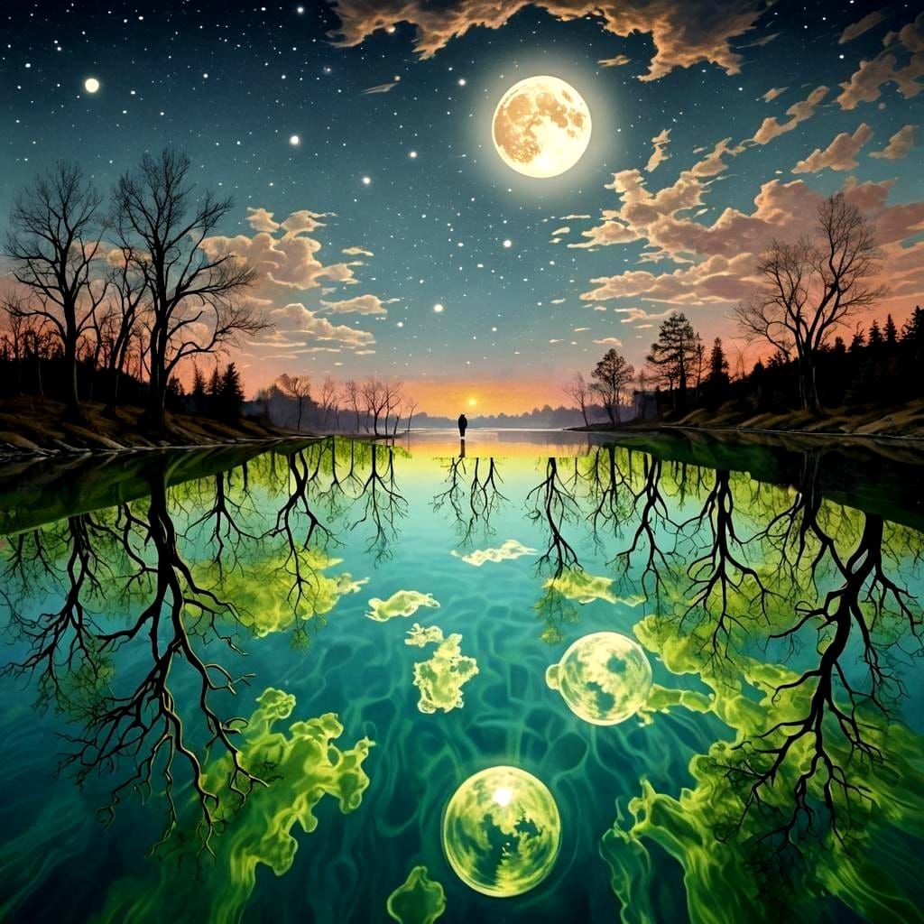 Surreal Mystical World Reflected on Magical Lake