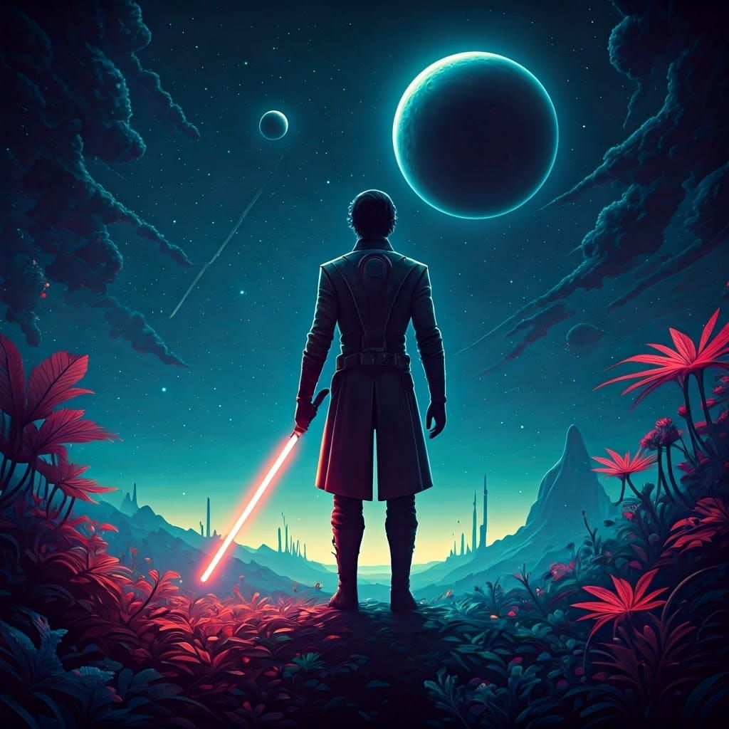 Dashing Space Adventurer Stands on Luminous Planet with Glow...