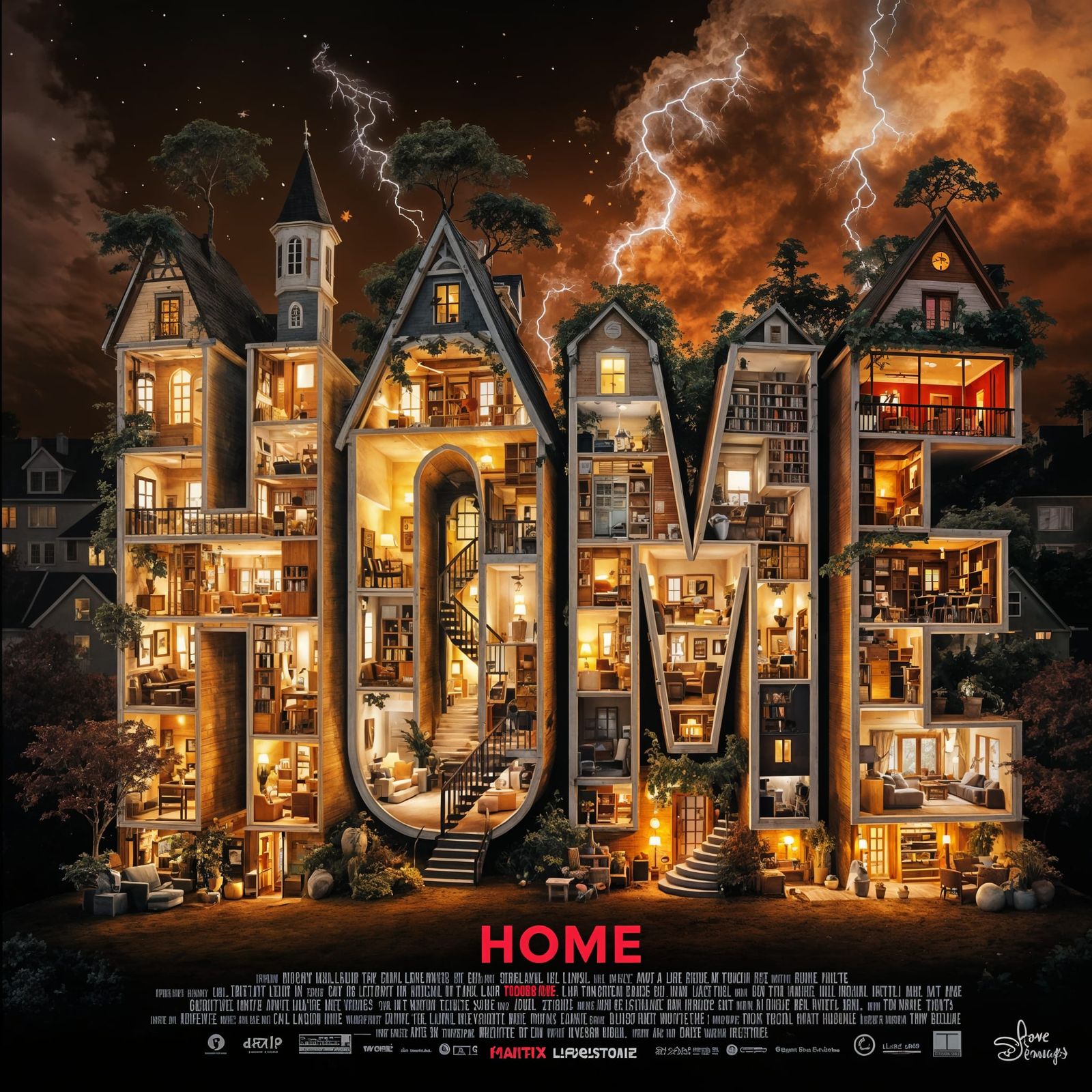 Cinematic Collage of Houses Forming the Word HOME