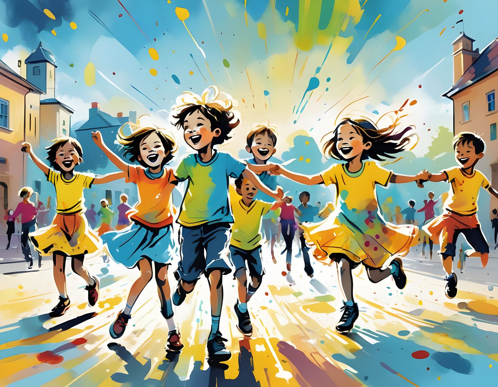 Children Linedancing in Colorful Ink Illustration
