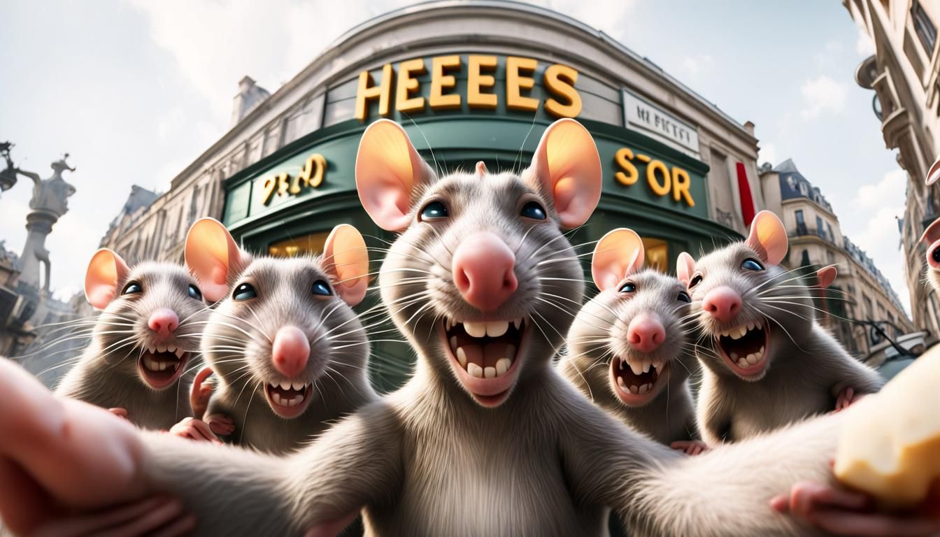 Group of five happy cartoon rats