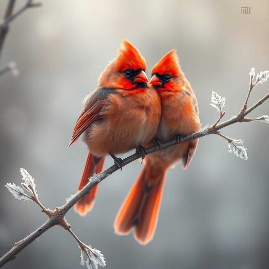 Two red cardinals are sitting on a willow branch, huddled together