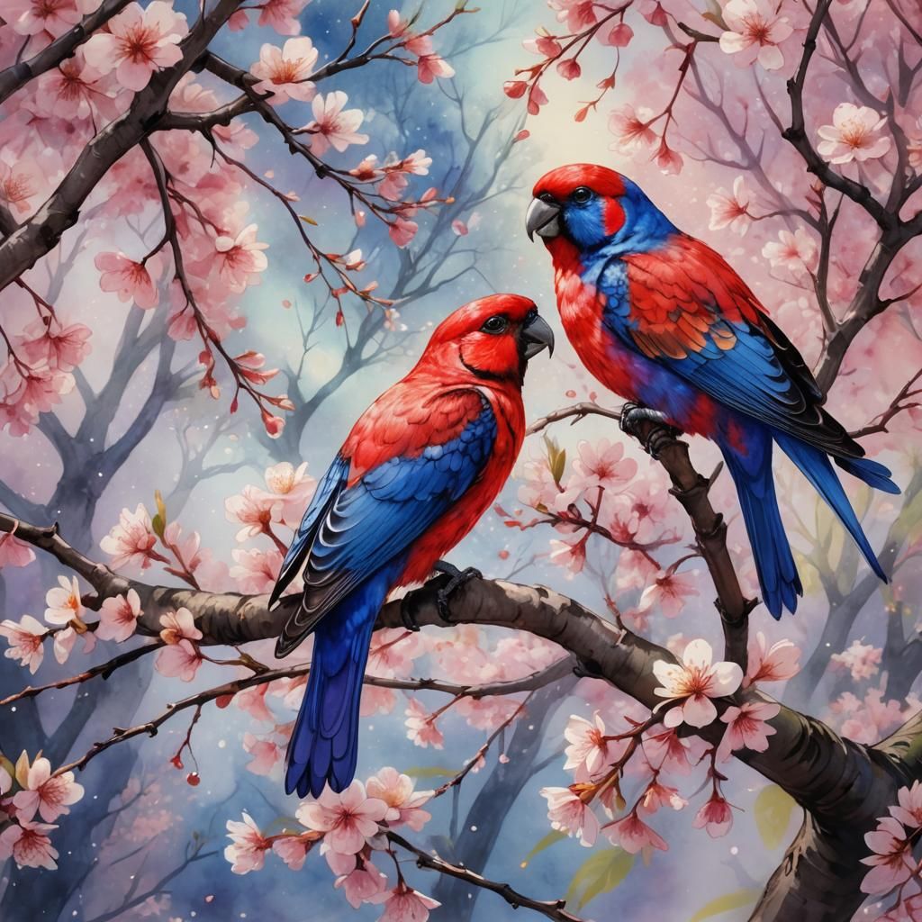 Crimson Rosellas Kissing in Cherry Blossom Garden