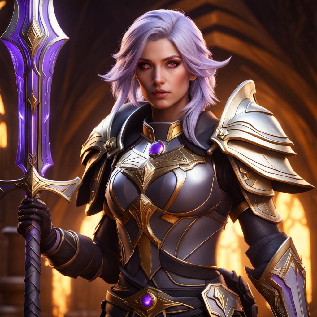 Aasimar Paladin with Purple Hair in Detailed Painting