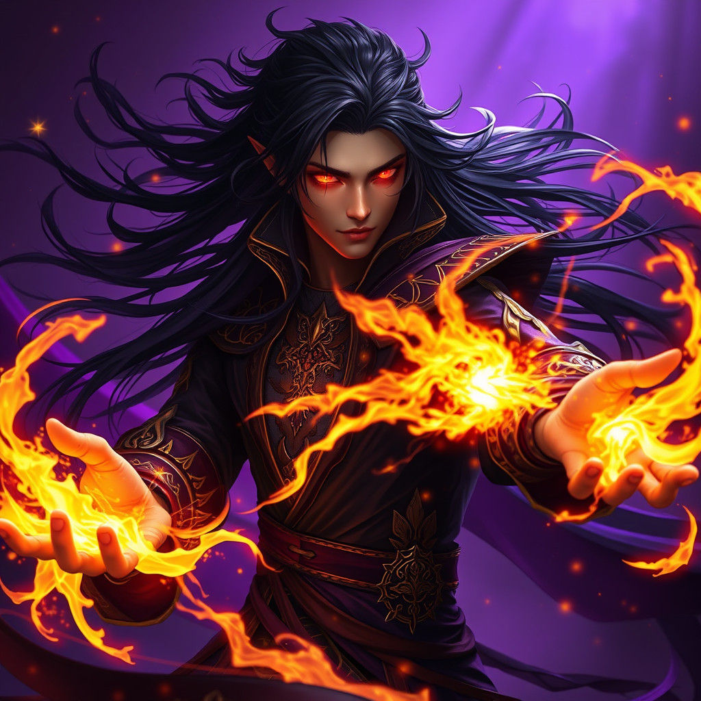 Mystical Mage Casting Fiery Blasts in Dark Fantasy Style