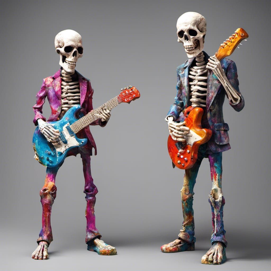 Skeletons Play Electric Guitar in 3D Paper Mache