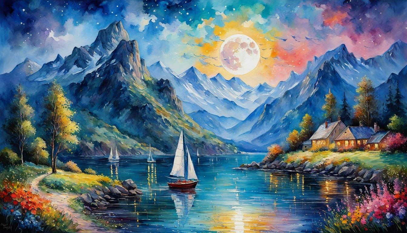 Moonlit Sailboats in Impressionistic Landscape
