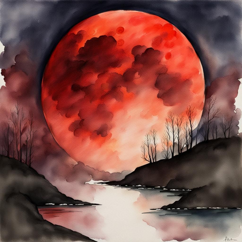 Blood Moon Rising Watercolor Painting
