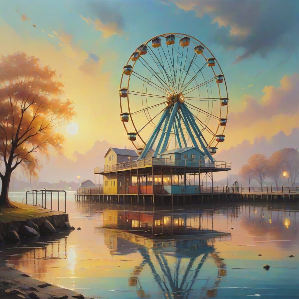Surreal Waterfront Landscape with Ferris Wheel