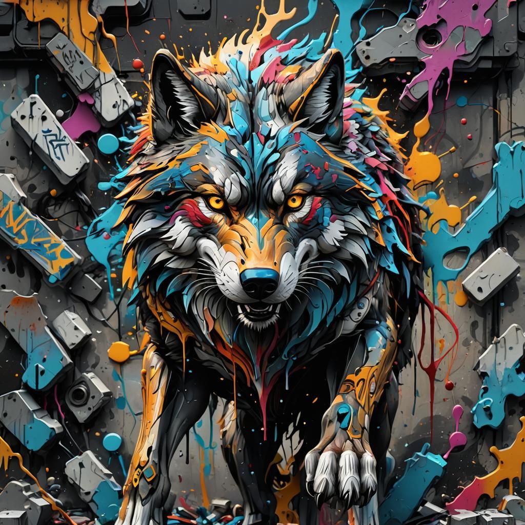 Electronic Wolf Graffiti Art in 8K Resolution