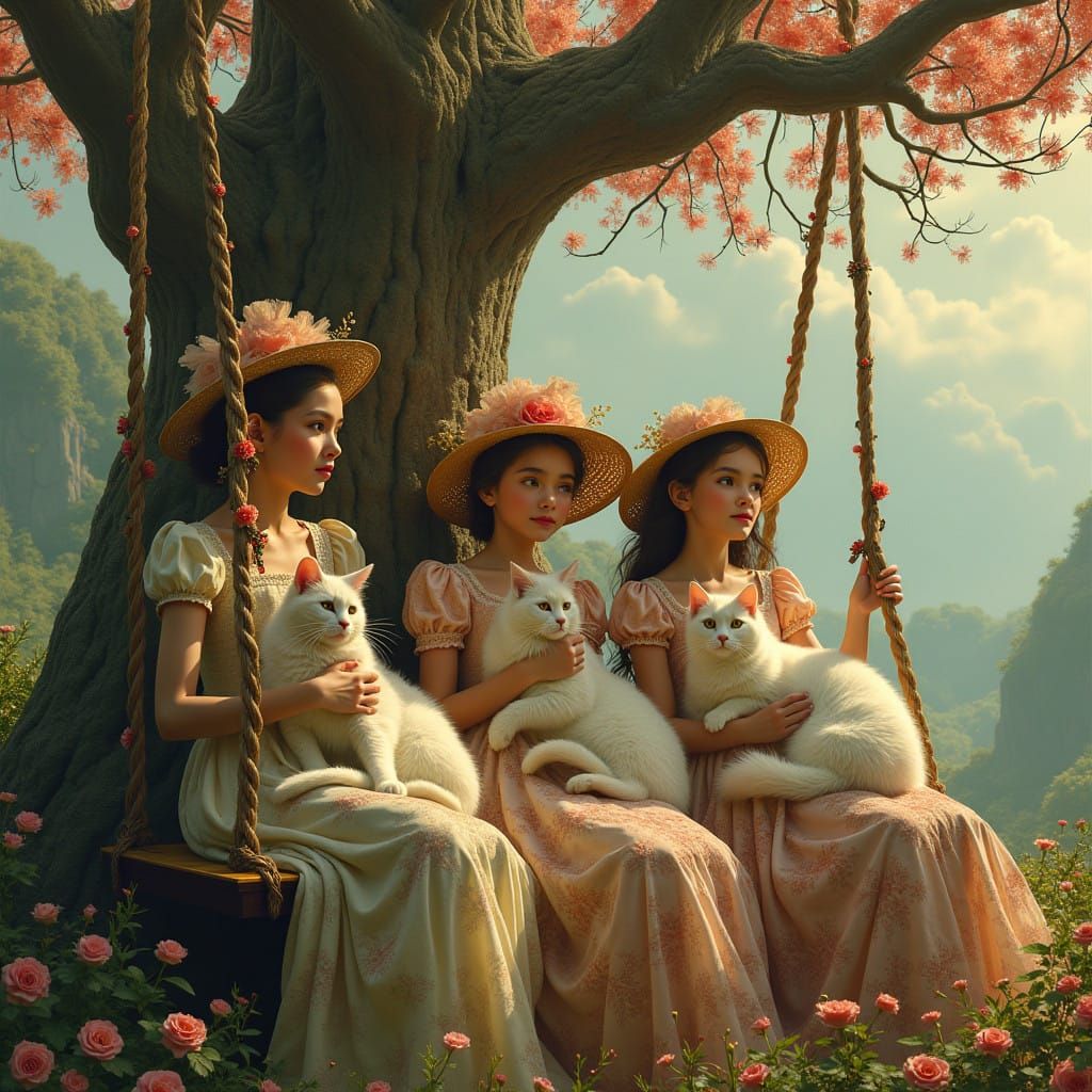 Little girls and cats on a swing