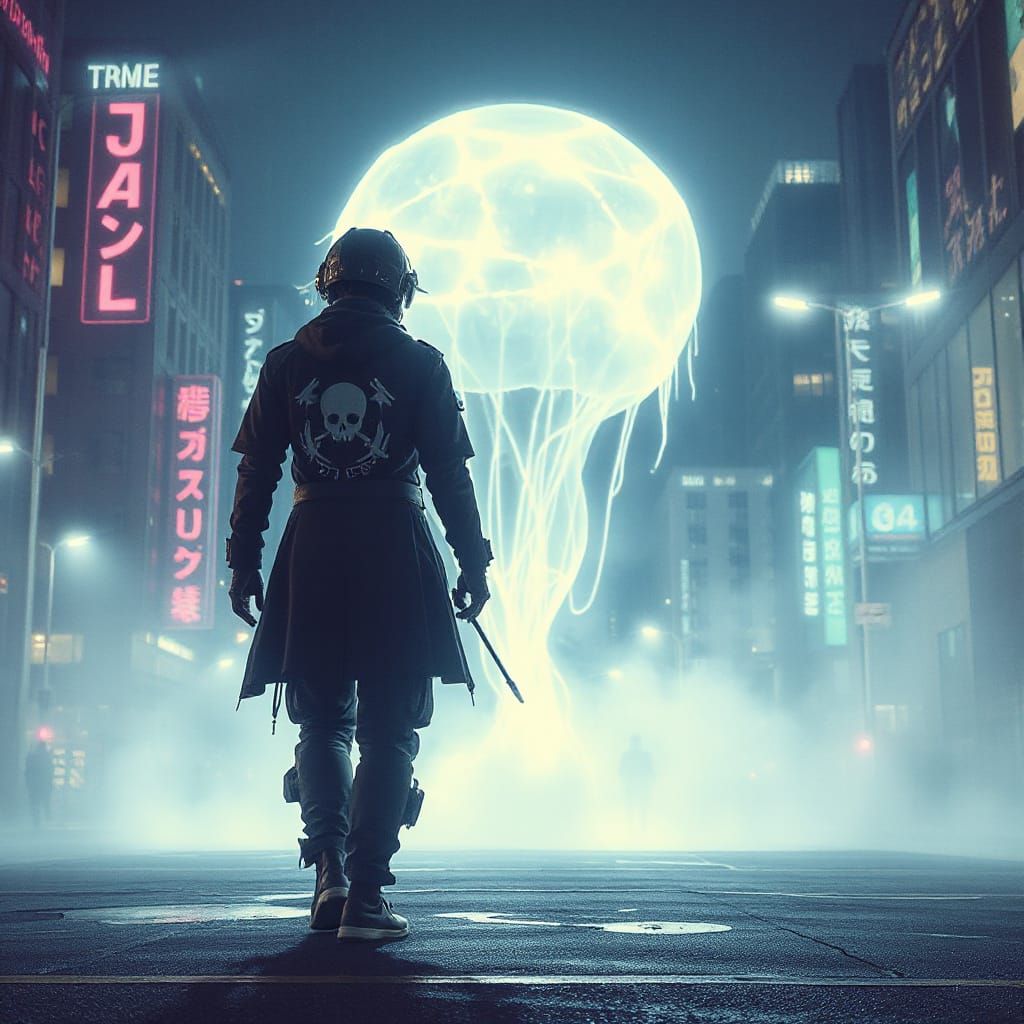 Ghostly Figure in Cyberpunk Style