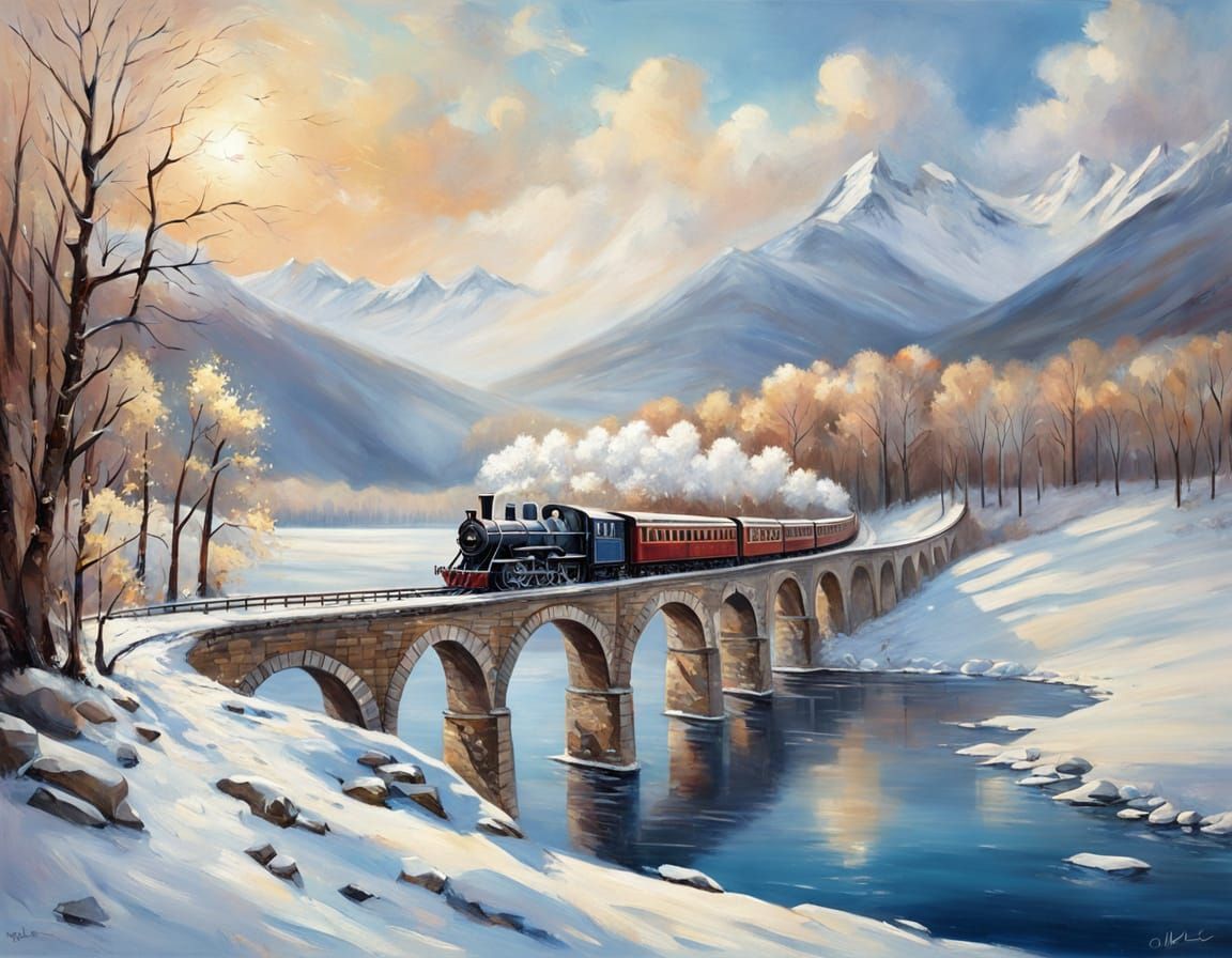 Majestic Steam Train Crosses Viaduct in Winter Oil Painting