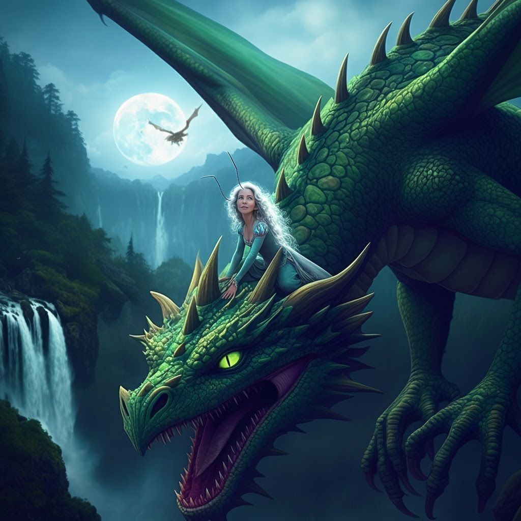 Tiny Woman Rides Giant Dragon Amid Waterfalls and Full Moon