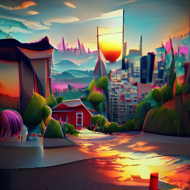 Vibrant Cartoon City Sunset in Gouache Style