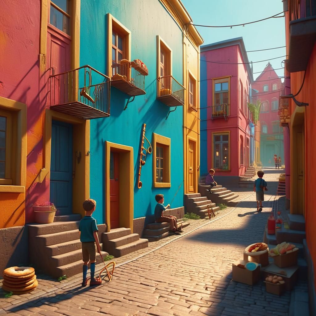 Vibrant Alleyway Scene with Children in Fantasy Style