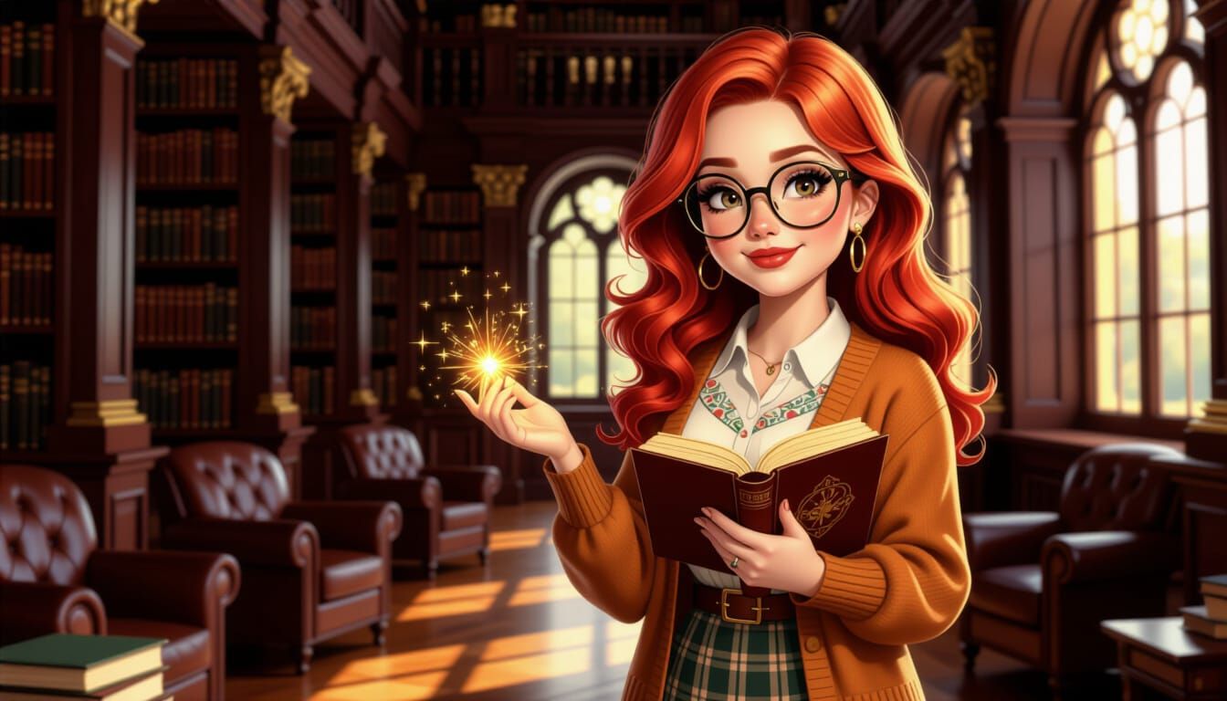 Nerdy Librarian Woman with Magical Glow, Hyperrealistic