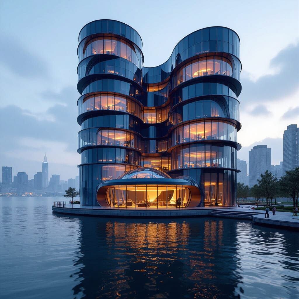 Futuristic Biomechanical Skyscraper Complex on Lake