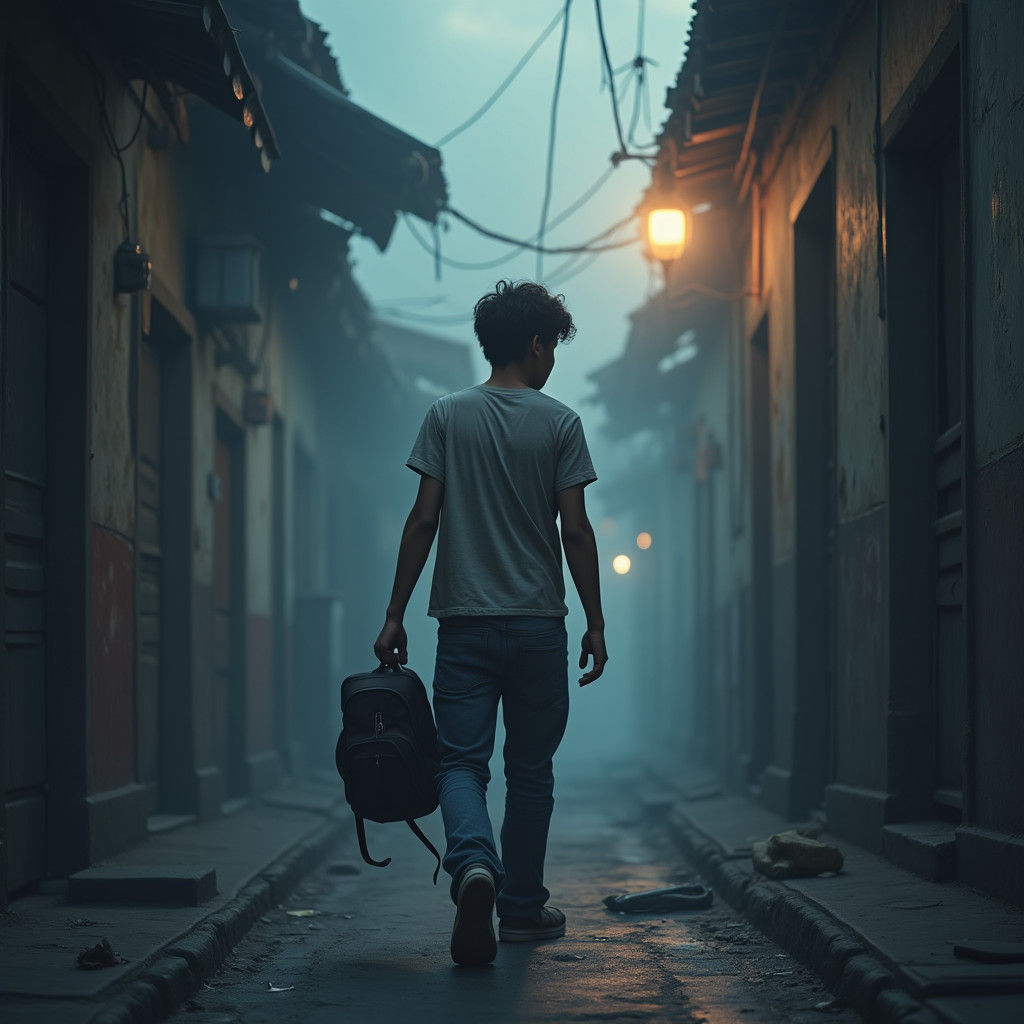 Teenager's Despair in Misty Alleyway: Fantasy Concept Art