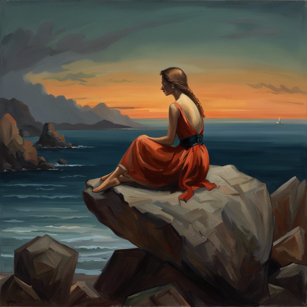Lady at Dusk: Romantic Realism Seascape
