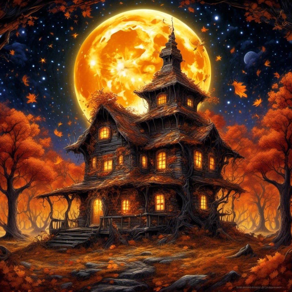 High Gothic Autumn Cabin Under Harvest Moon
